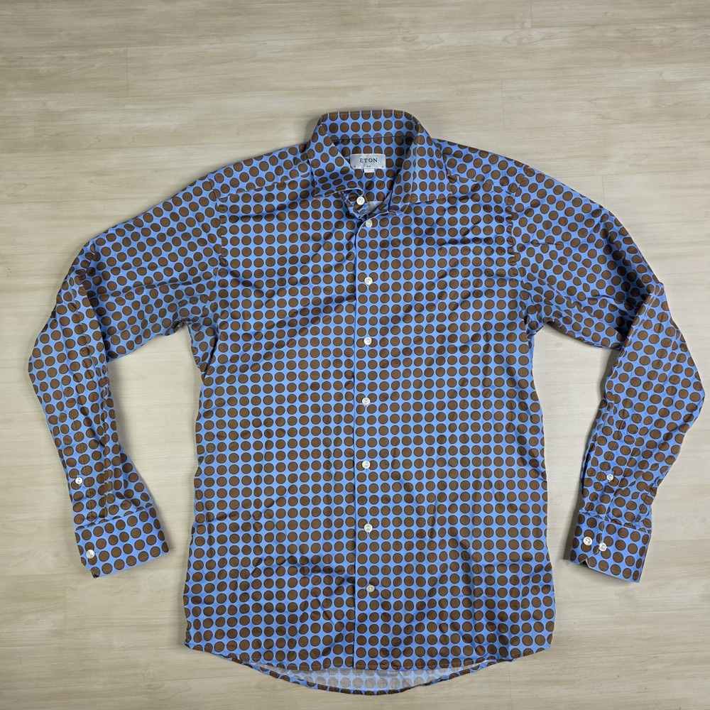 Eton Slim Twill Brown Blue Polka Dot Long Sleeve Shirt Men's Size Large 16 41